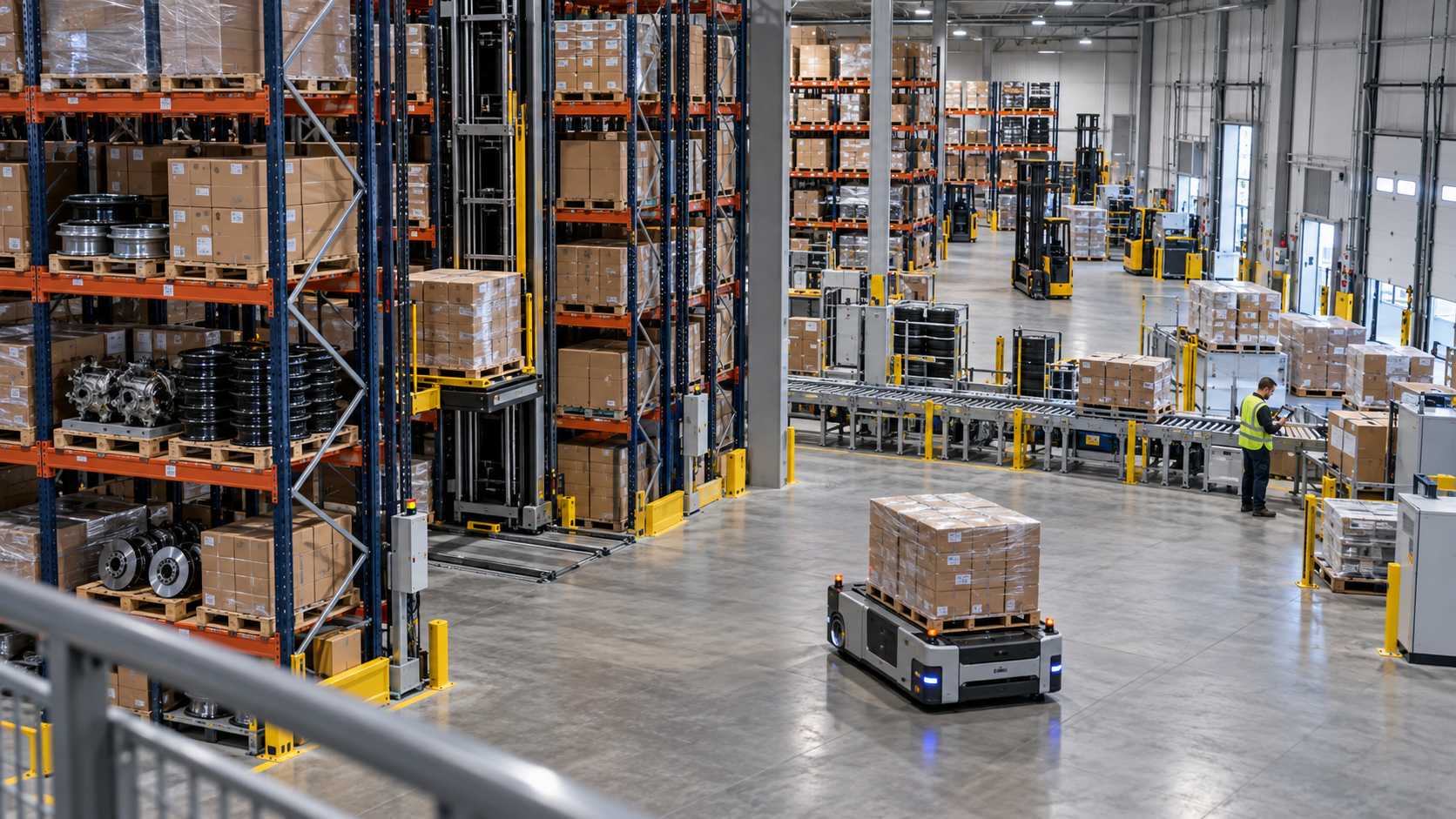 Photorealistic automotive aftermarket parts distribution center with high-bay racking, autonomous pallet movement, conveyor transfer, and a warehouse operator