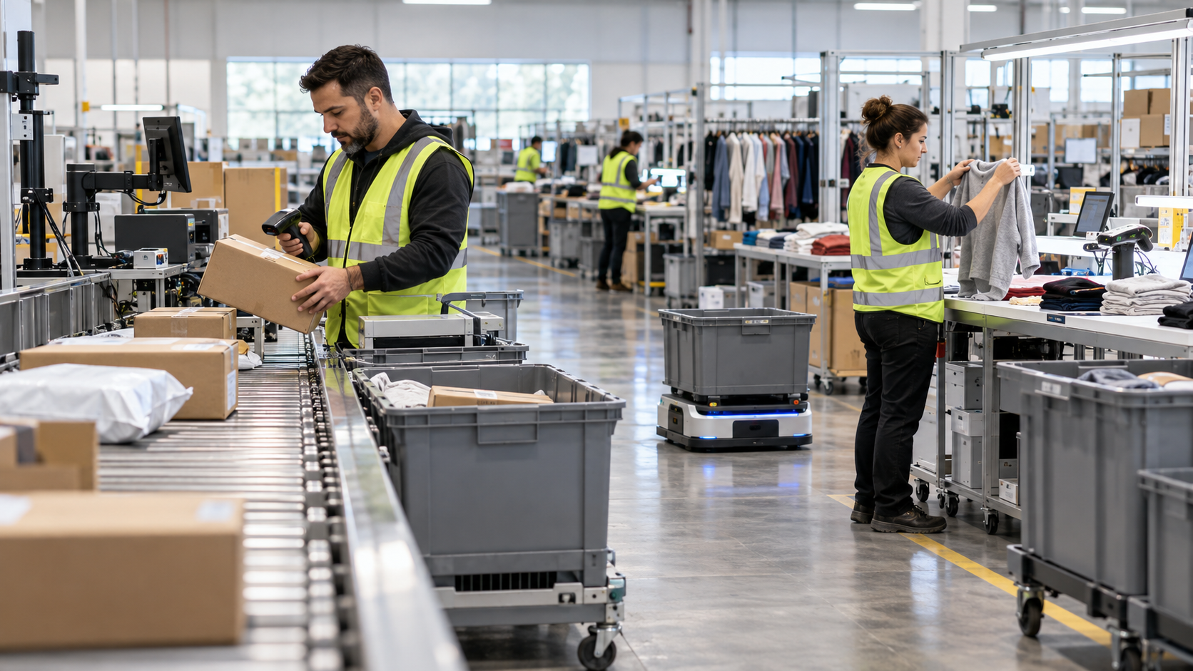 Photorealistic reverse-logistics apparel returns center with associates inspecting unbranded items, conveyor handling, reusable totes, and an autonomous mobile robot