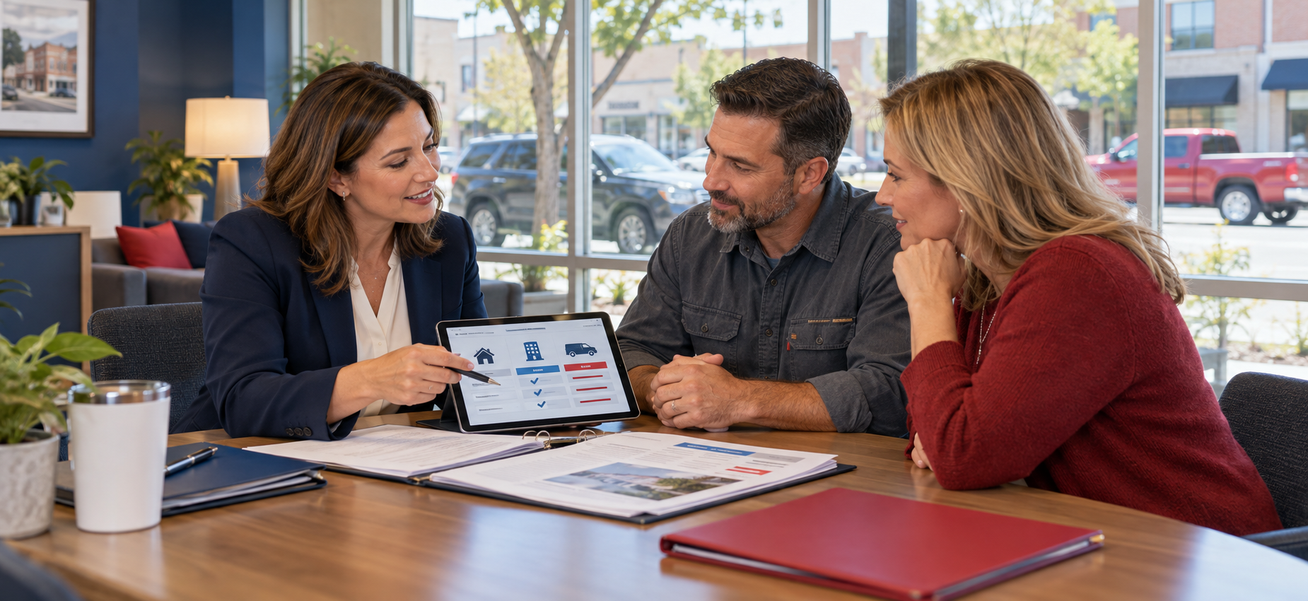 Insurance service professional explaining policy coverage with clients in a North American neighborhood agency office