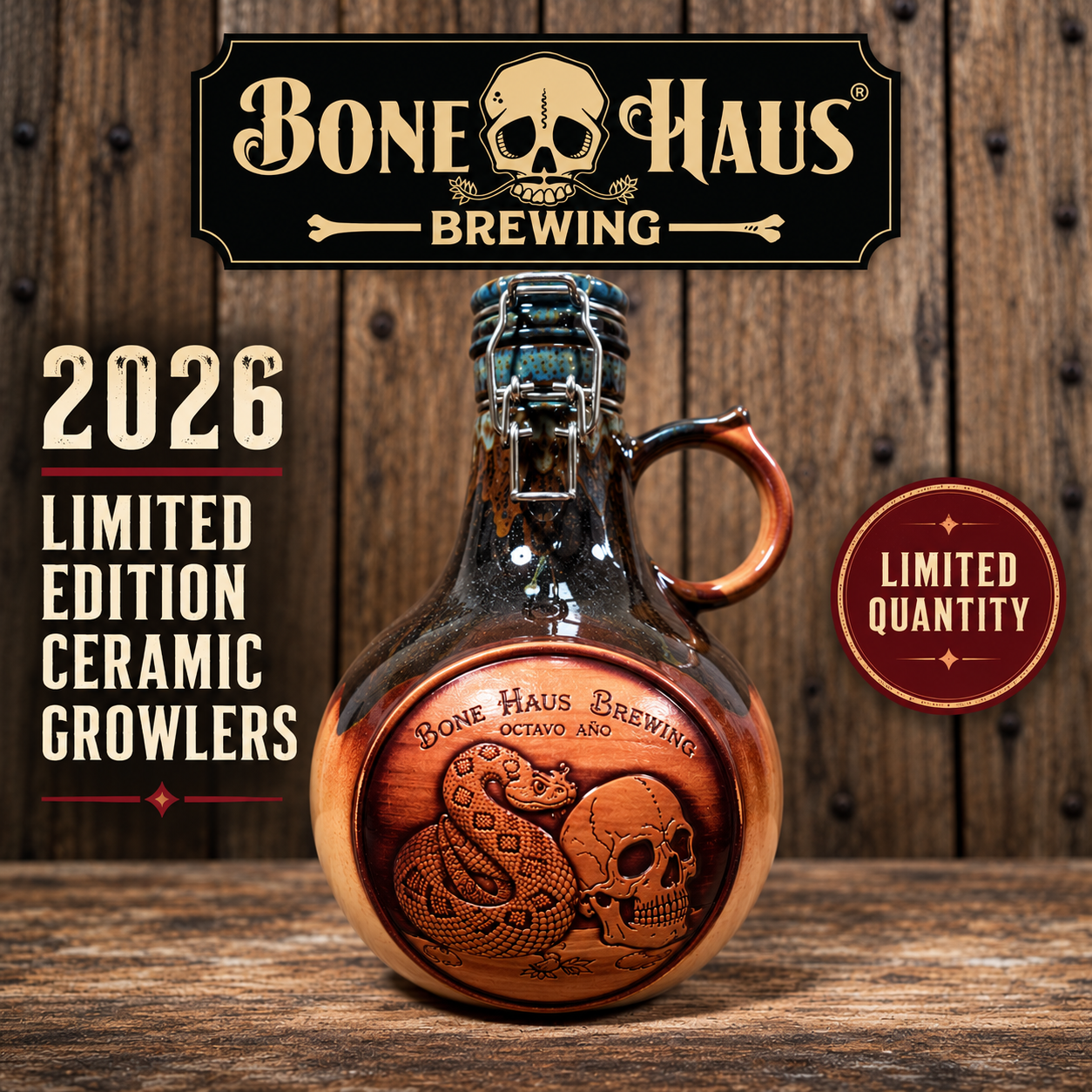2026 Limited Edition Bone Haus ceramic growler with skull and rattlesnake artwork