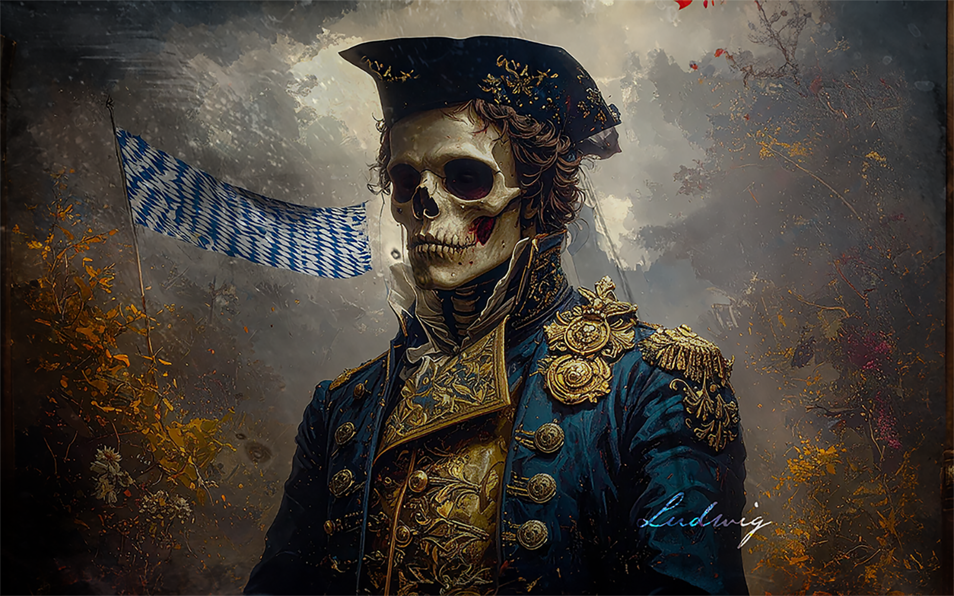 Sacred Forest label art - Spanish conquistador skeleton riding a skeleton horse in a forest