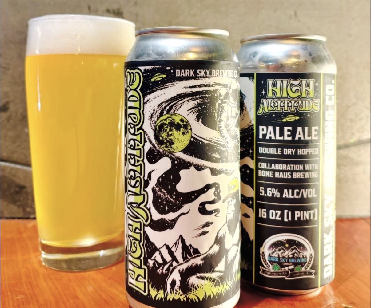 High Altitude Australian Pale Ale label art — golden pale ale beside two cosmic-themed Dark Sky Brewing collaboration cans