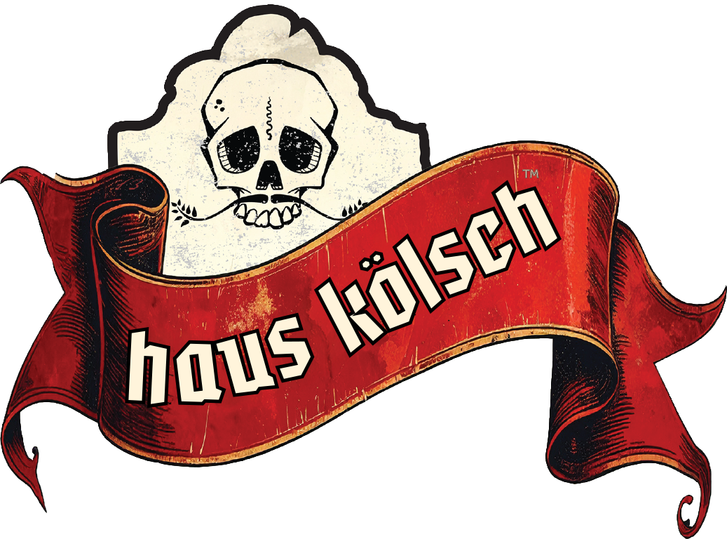 Haus Kölsch label art — skull emblem rising behind a red ribbon bearing the Haus Kölsch name