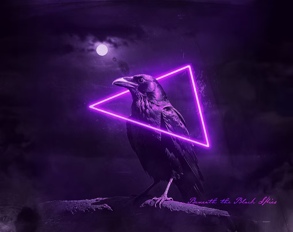 Beneath the Black Skies II Imperial Coffee Stout label art — raven perched within a neon purple triangle beneath a full moon