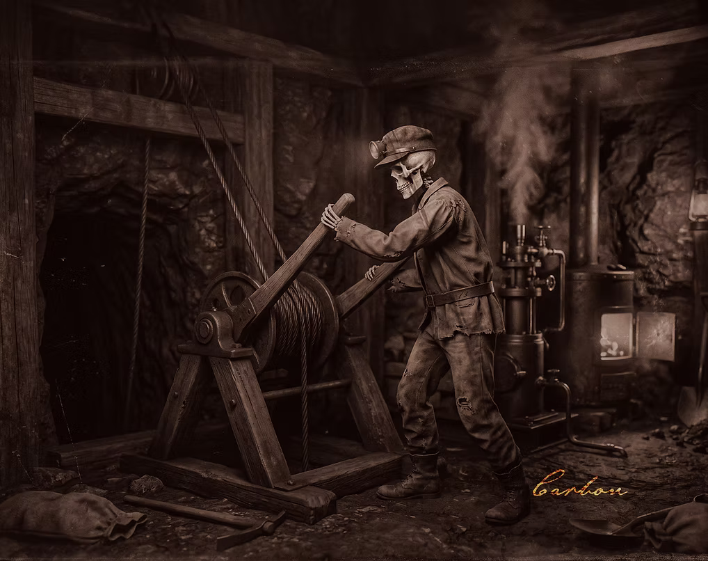 Sixth Element DDH West Coast IPA label art — skeleton miner operating a wooden mine hoist beside carbon-powered machinery