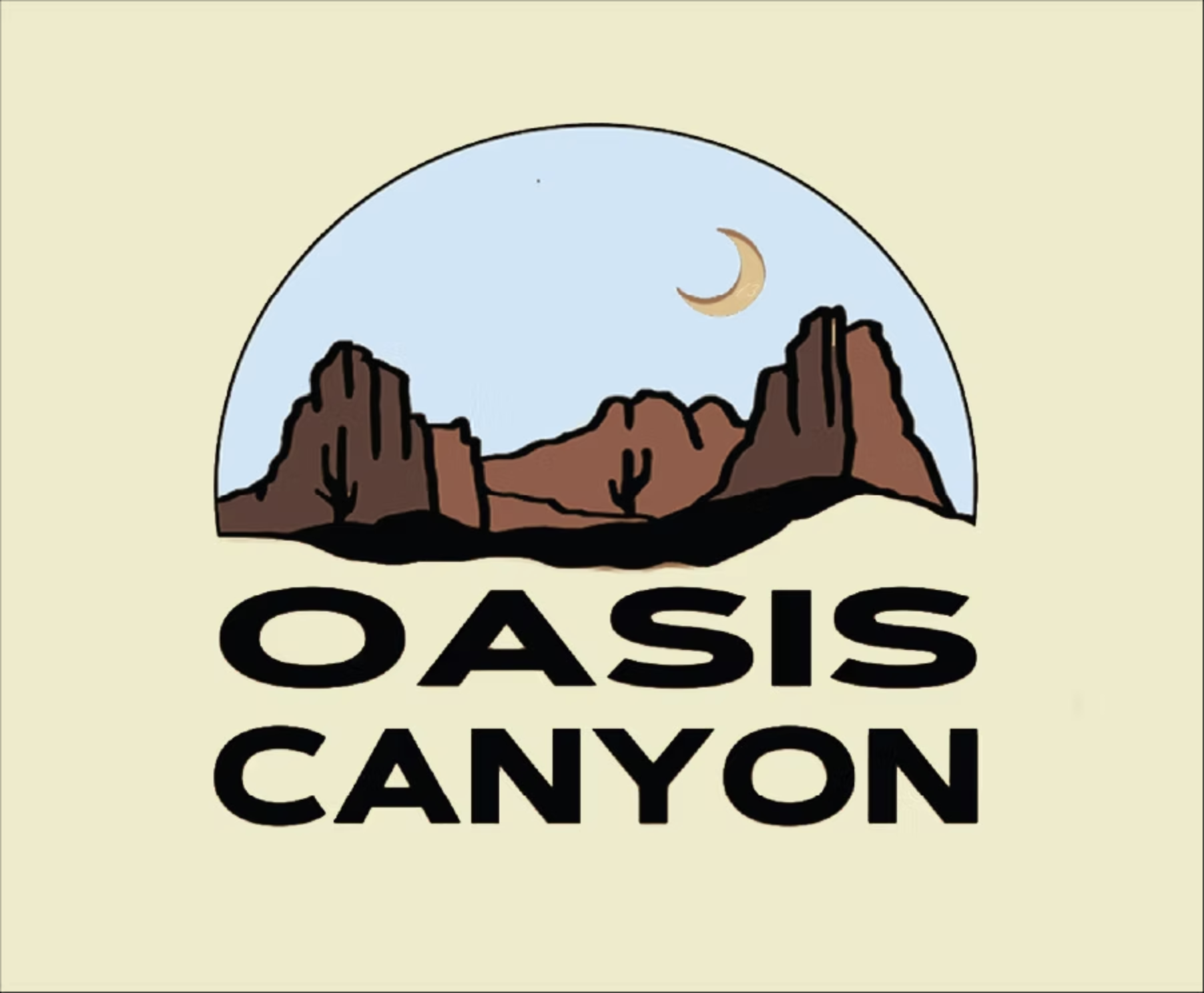 Oasis Canyon DDH Hazy IPA label art — Oasis Canyon logo showing desert mesas, saguaros, and a crescent moon