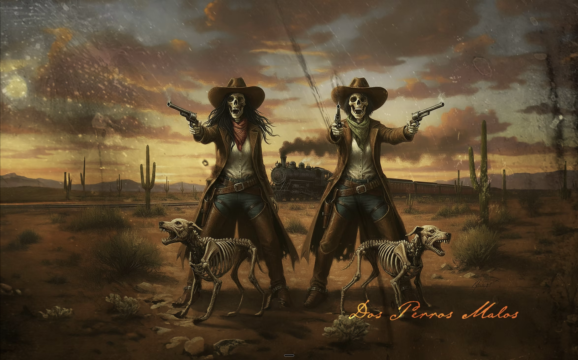 Dos Perras Malas DDH Hazy IPA label art — two skeleton outlaw women aiming revolvers with skeletal hounds and a train behind them
