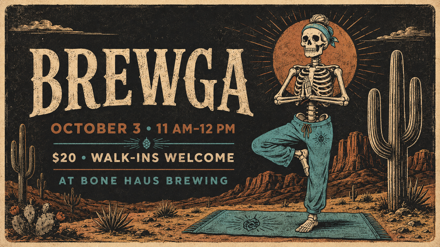 Brewga Yoga & Beer promotional graphic for October 3 at Bone Haus Brewing
