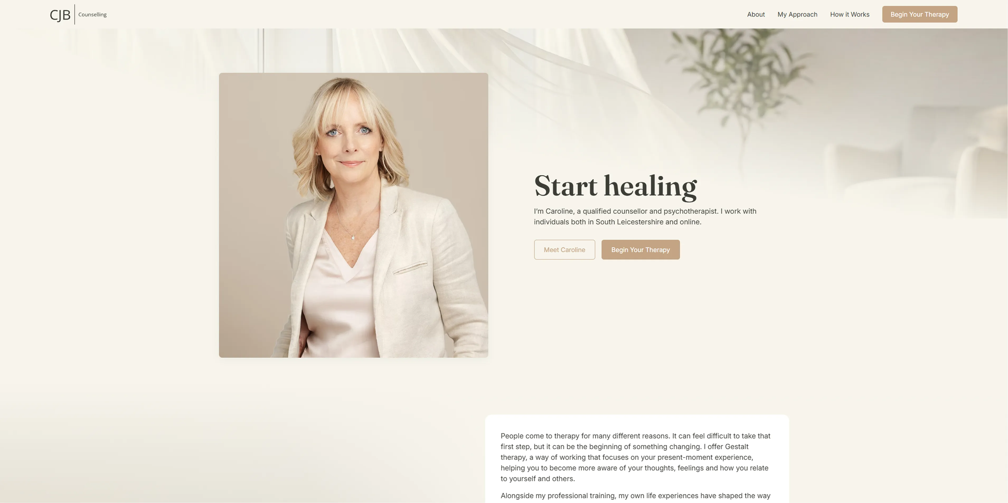 Portrait of a blonde woman in a light blazer beside text about counselling and healing.