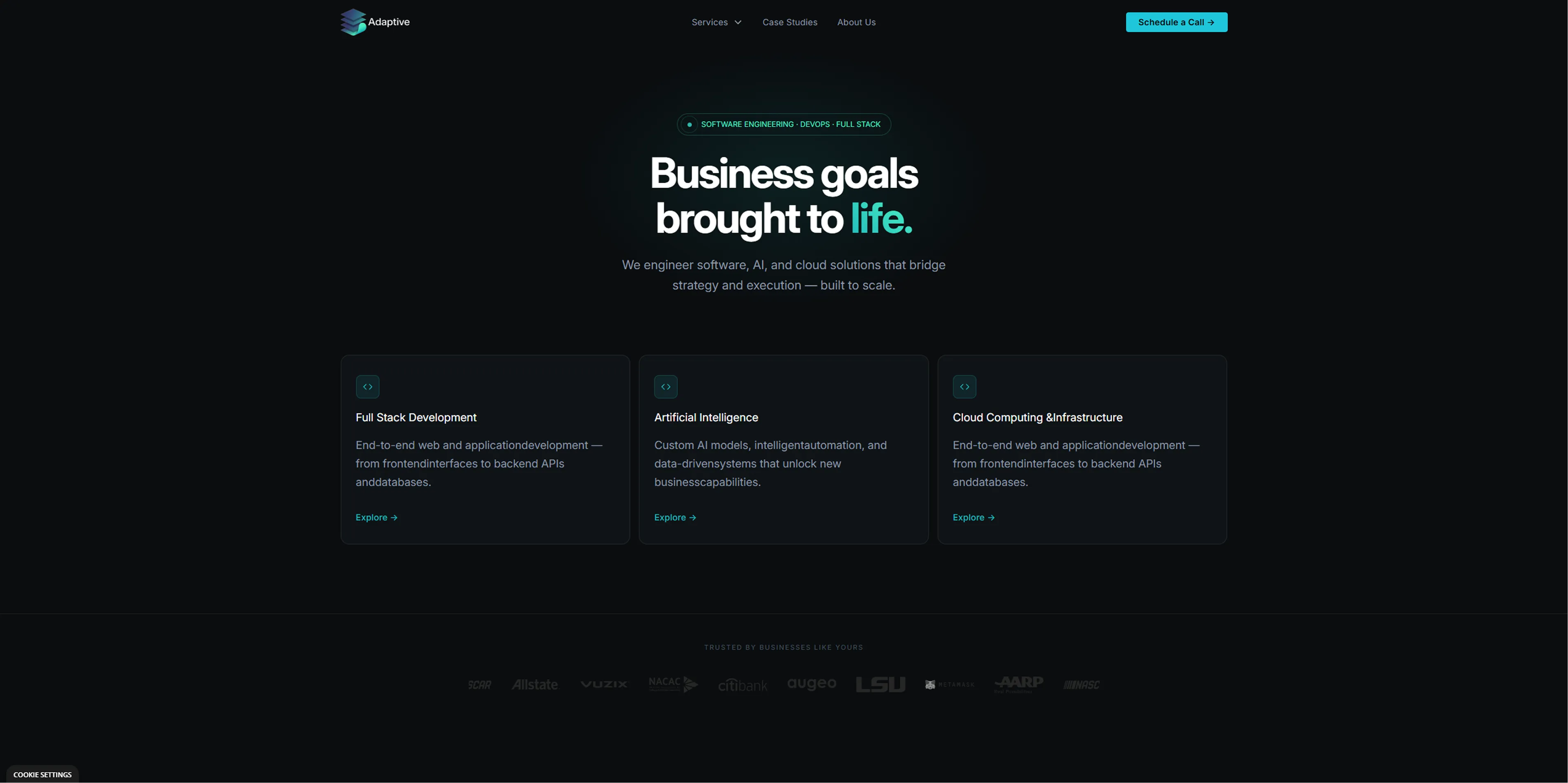 Website header with Adaptive logo, navigation, business goals tagline, and sections for development, AI, and cloud services.