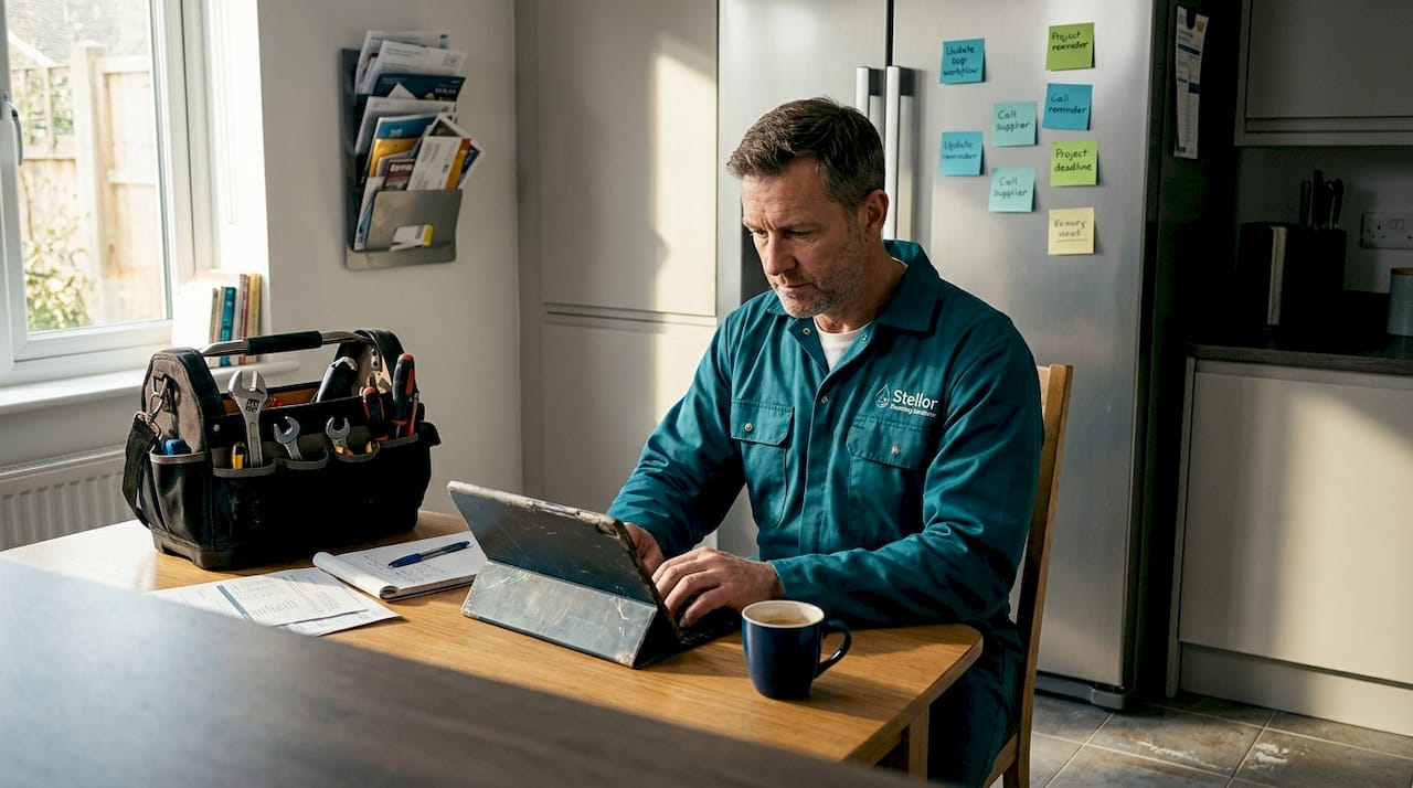 Plumber researching SEO in realistic home setting
