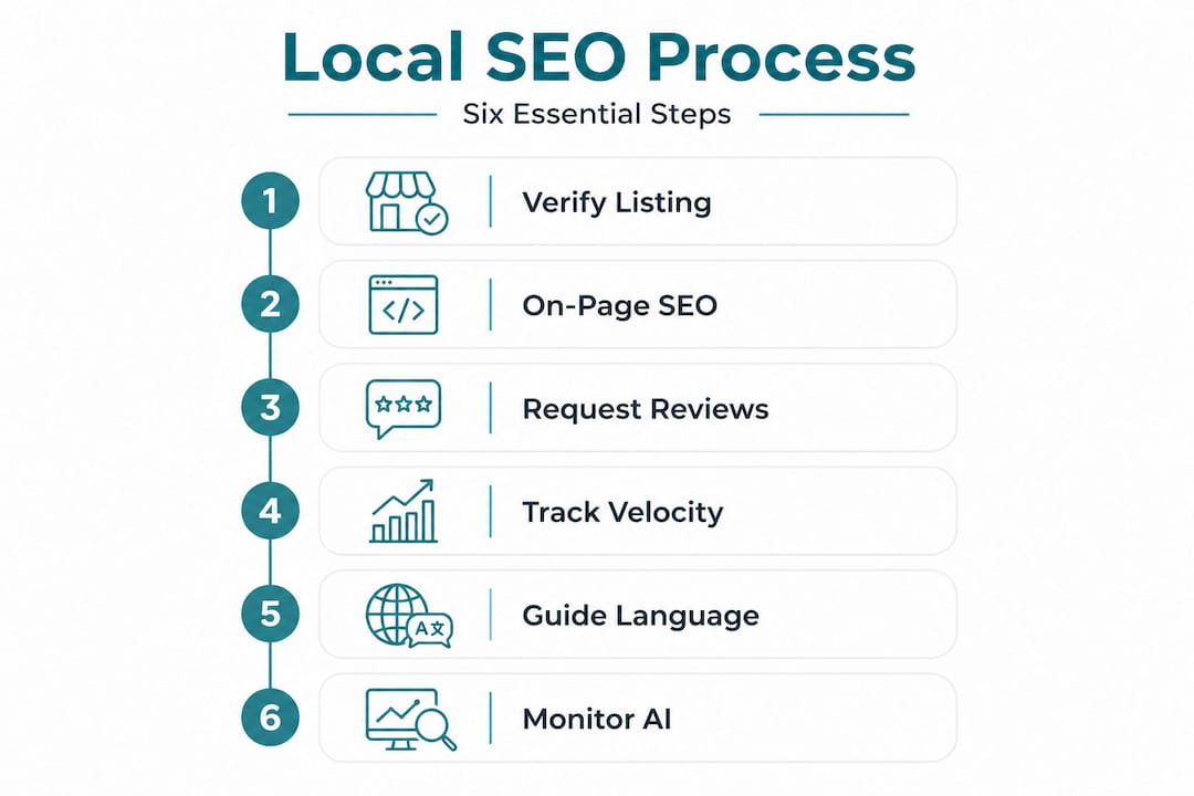 Infographic showing six steps in local SEO process