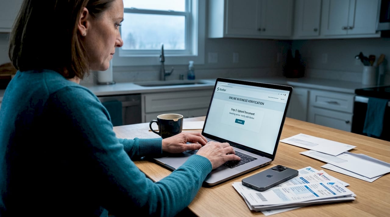 Verifying business online in kitchen workspace