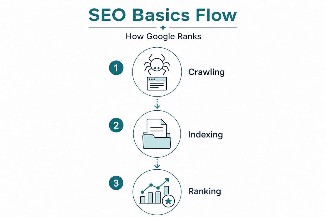 SEO basics infographic with key process steps