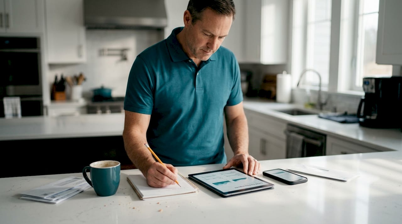 Man checking SEO rankings in home kitchen