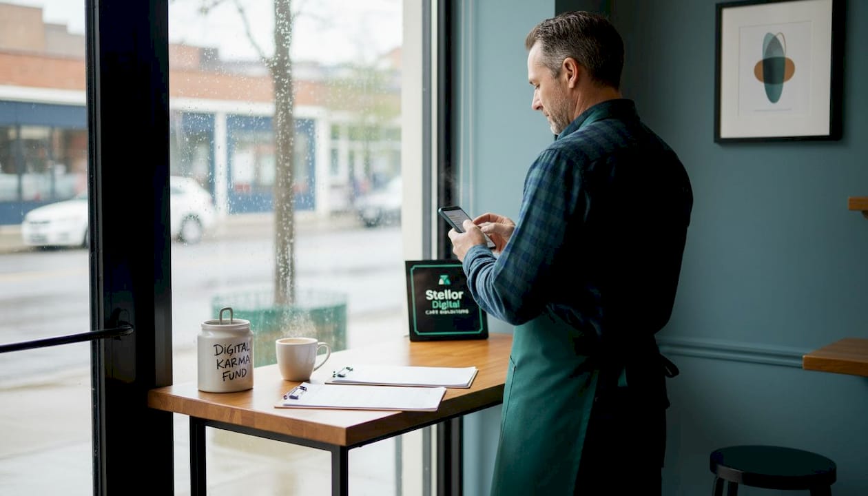 Cafe manager checking Google reviews on phone