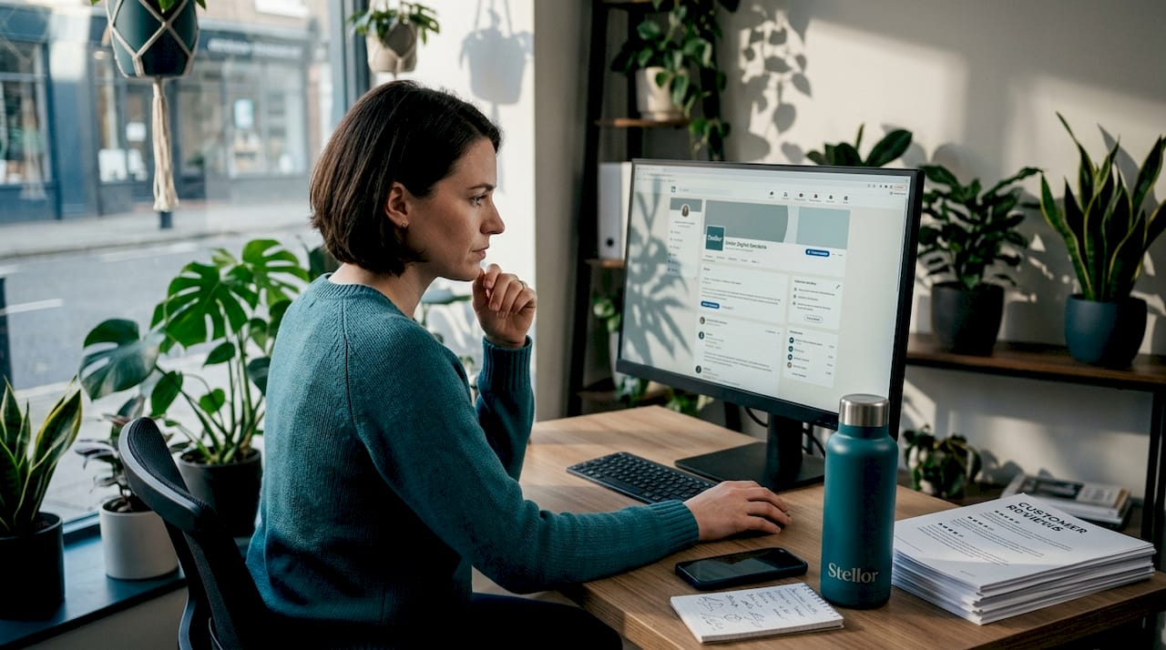 Woman updating Google Business Profile in office