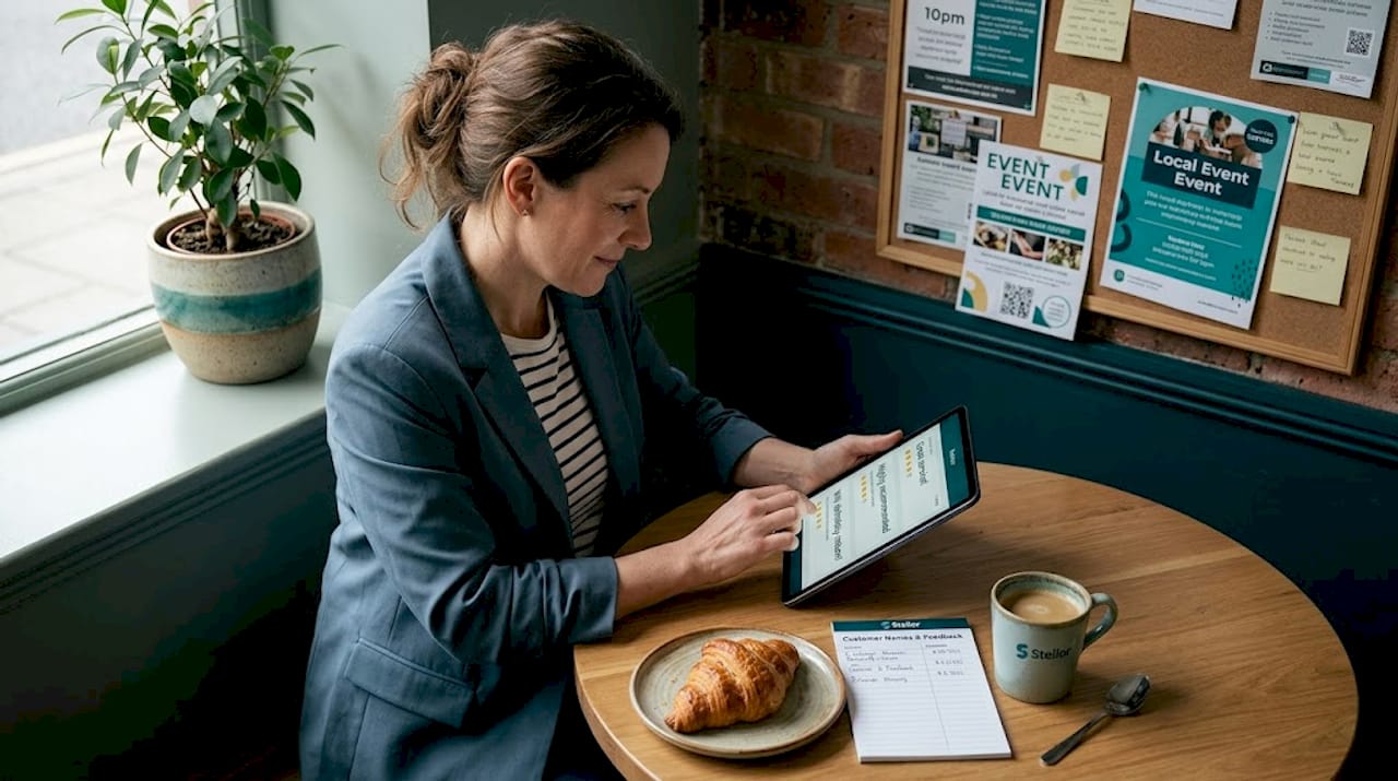 Manager at table reading customer reviews online