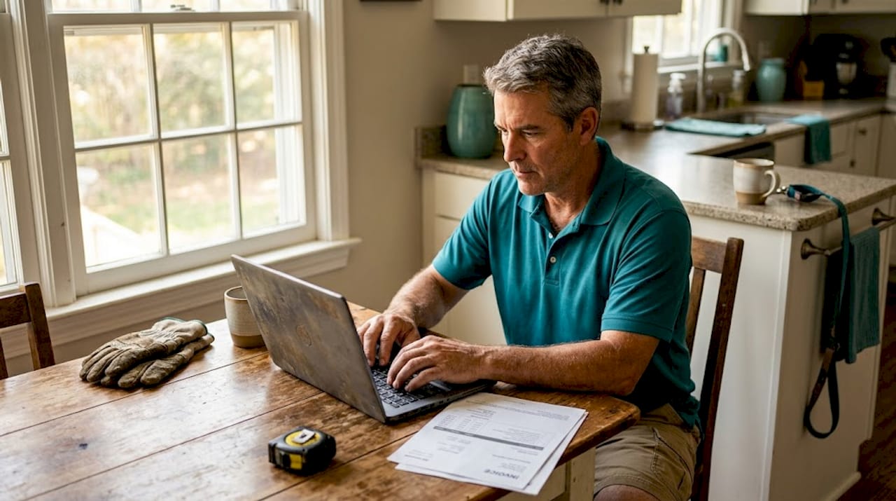 Landscaper checks leads at home kitchen table