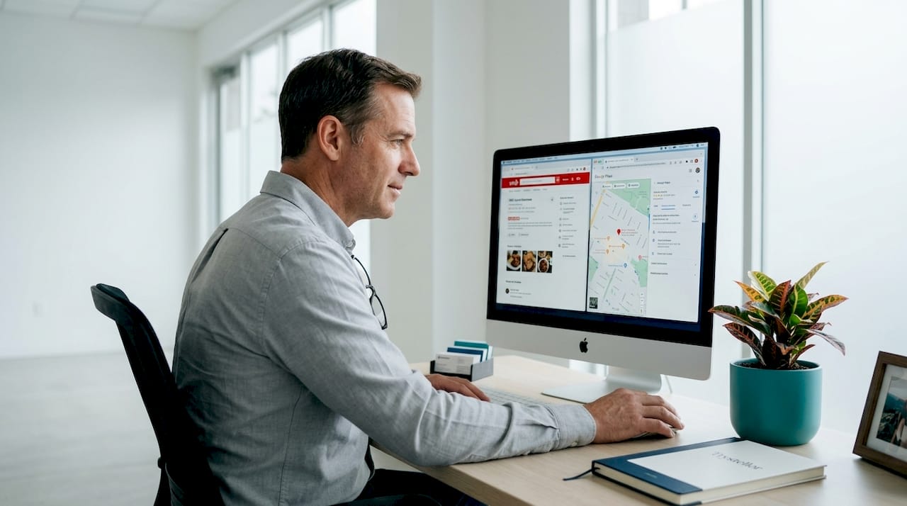 Man checking business citations on computer