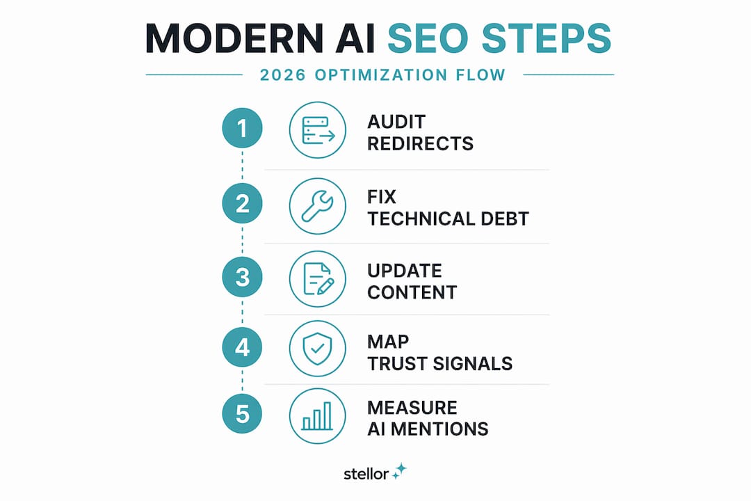 Infographic showing key steps modernizing SEO for AI search