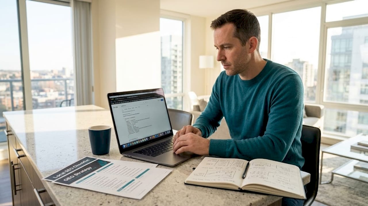 Person auditing website schema markup at kitchen table
