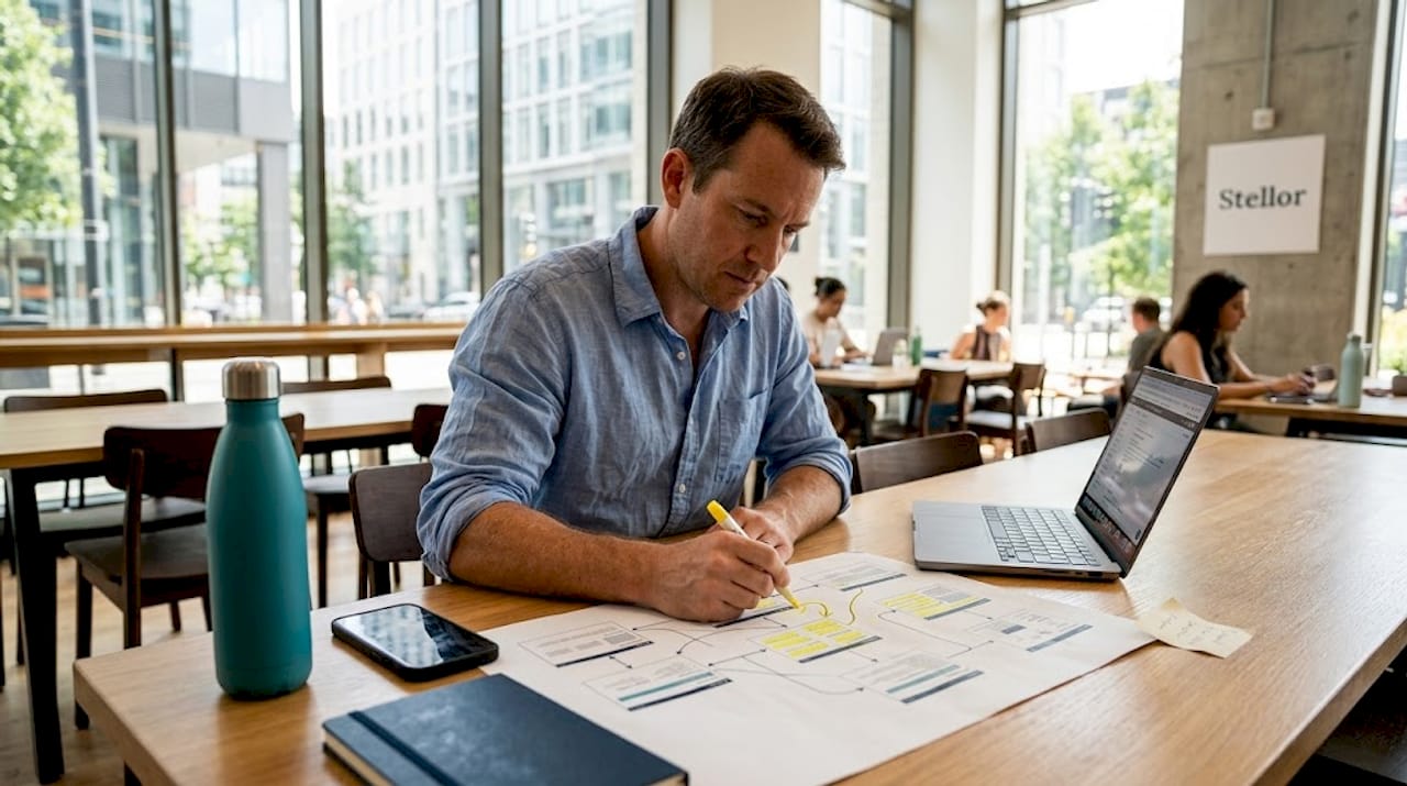 Man marking internal SEO linking diagram at table