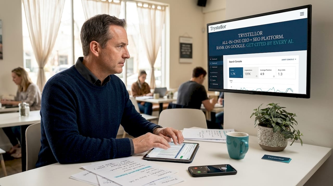 Man tracks SEO results in shared workspace