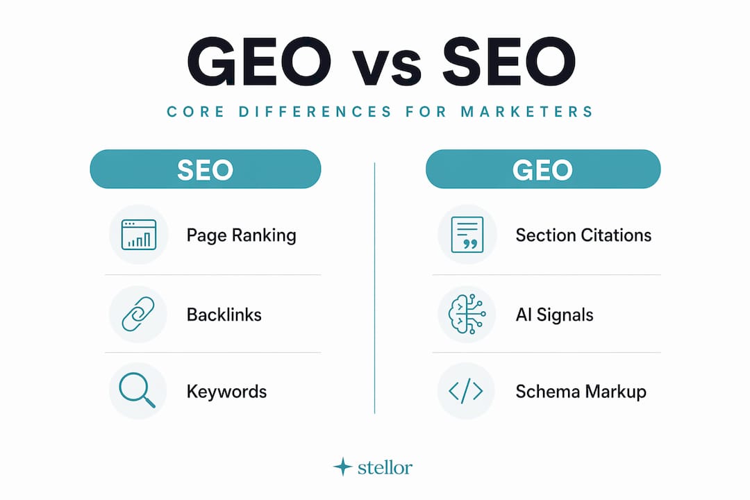 Infographic comparing GEO and SEO core differences