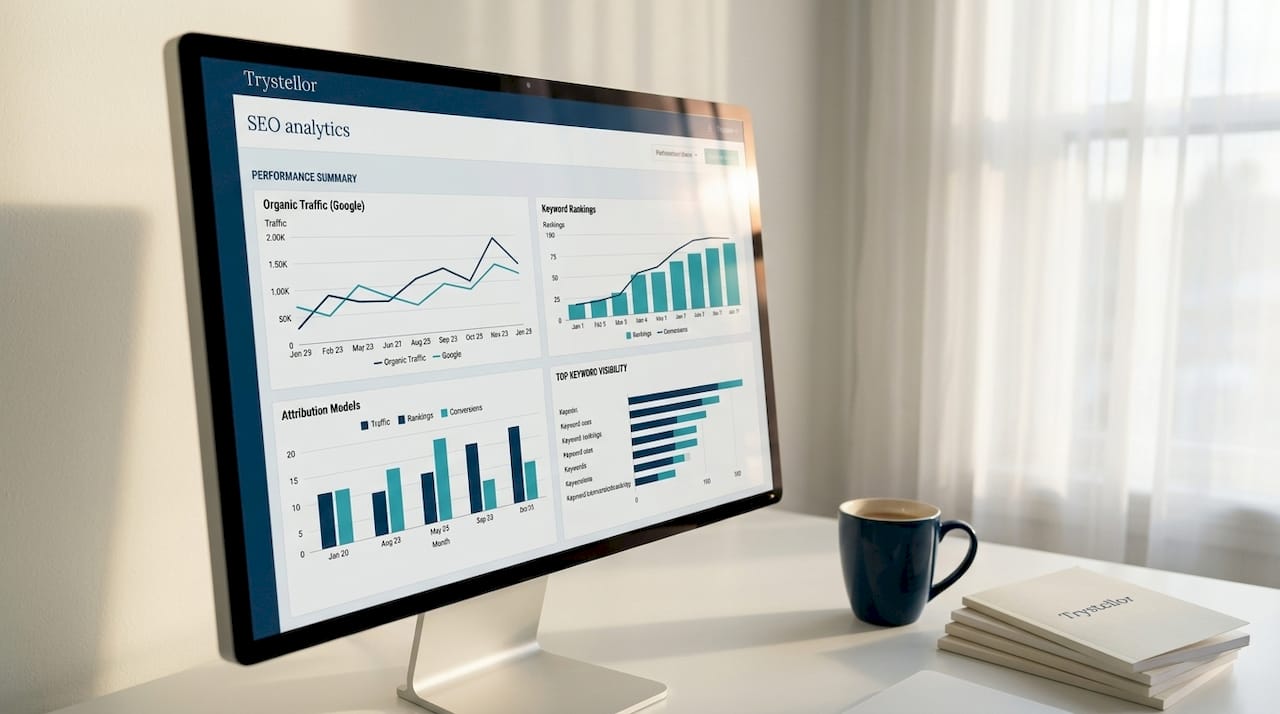 Close-up of SEO analytics dashboard screen