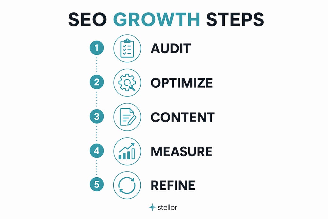 Infographic illustrating SEO growth steps process