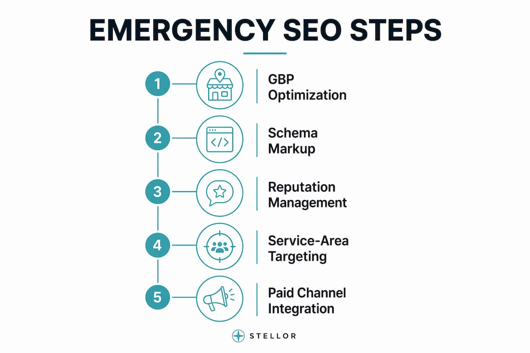 Infographic showing emergency SEO core components in steps