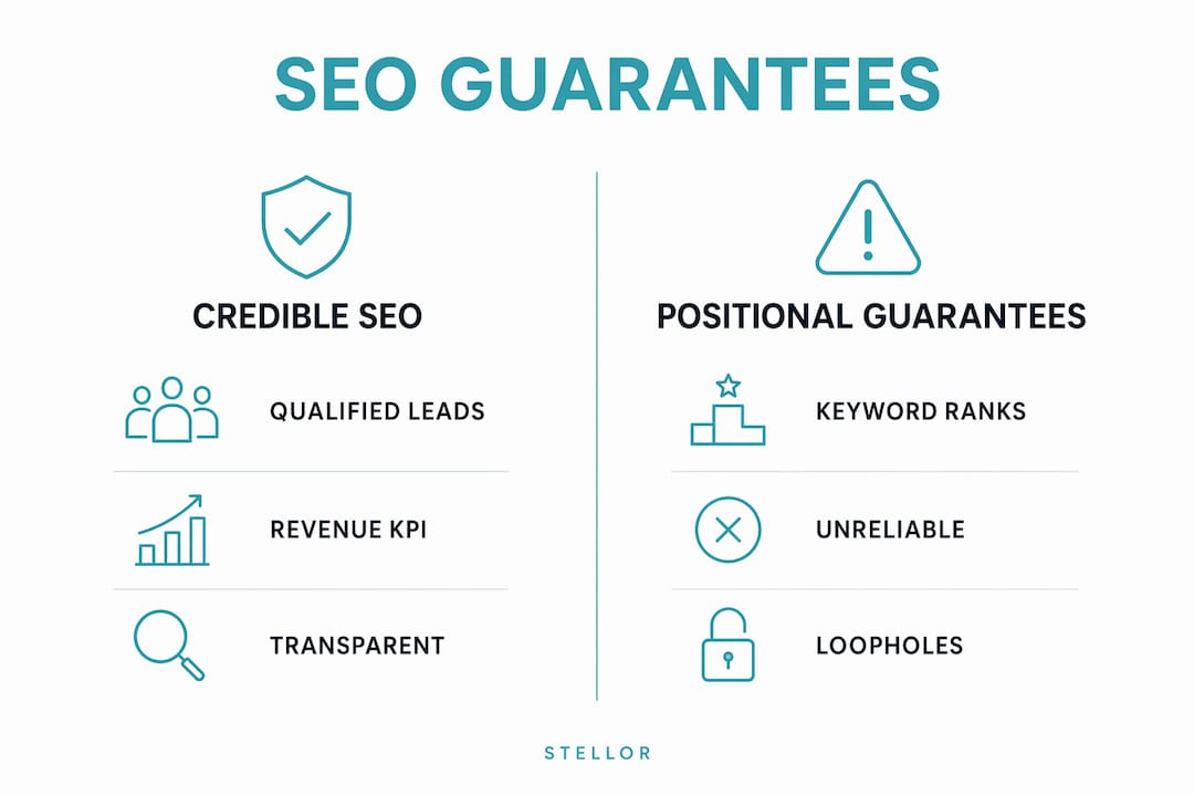 Infographic comparing credible SEO and positional guarantees