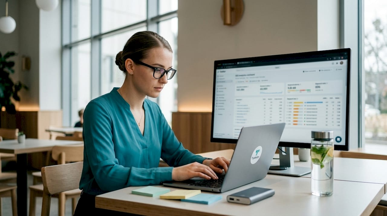 SEO specialist working on laptop and monitor