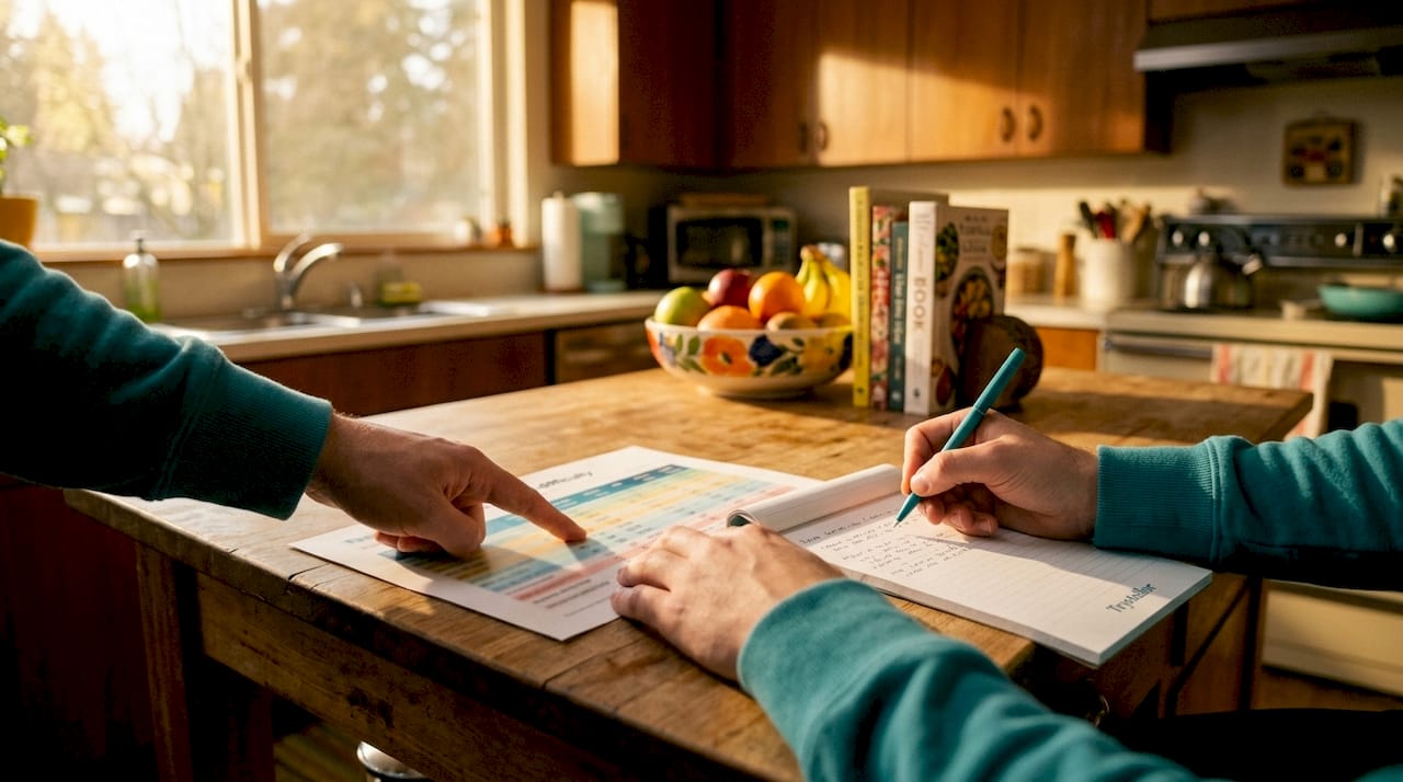 Hands pointing at keyword competition chart