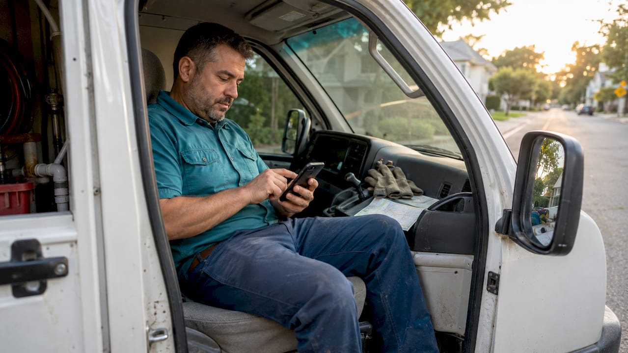 Plumber checking messages on phone inside van