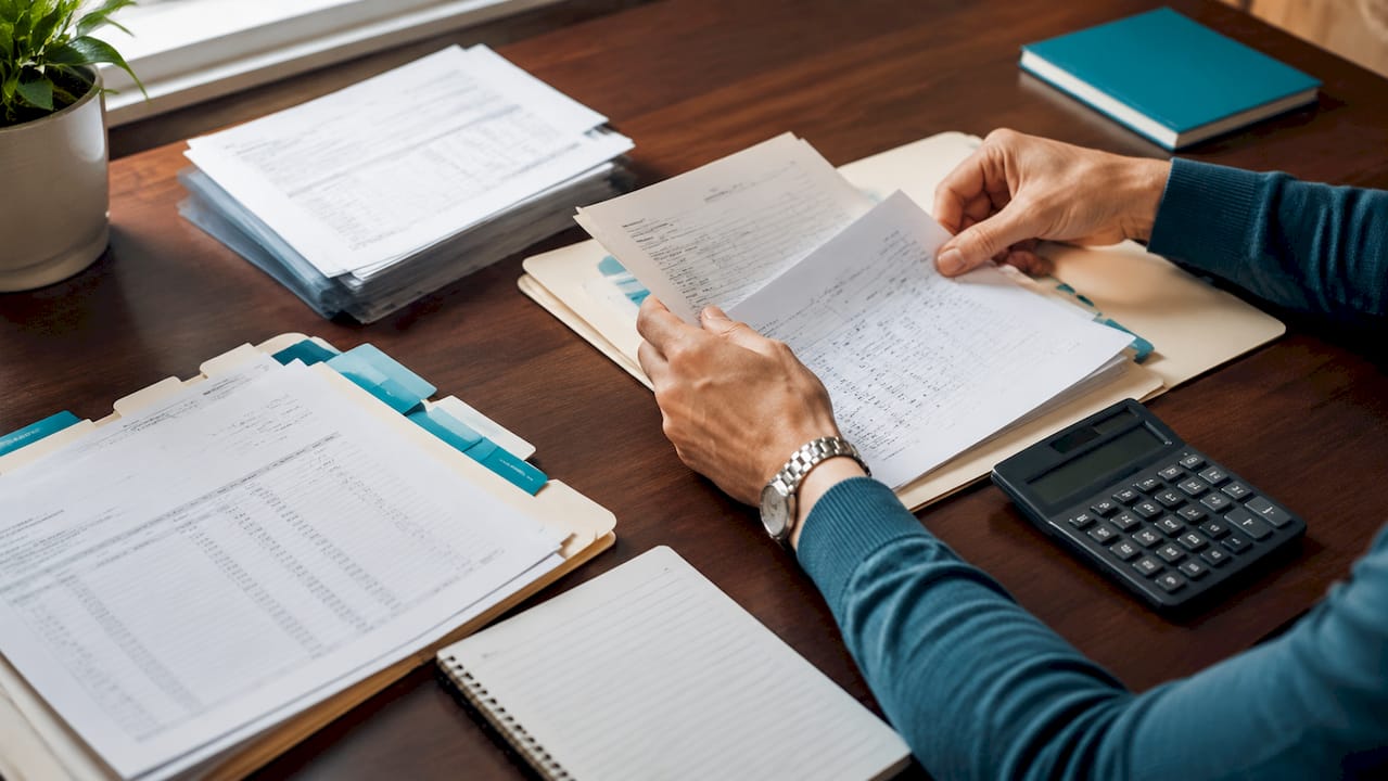 Hands sorting accounting paperwork and folders