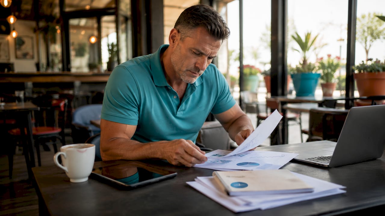 Personal trainer analyzing SEO data at local gym office
