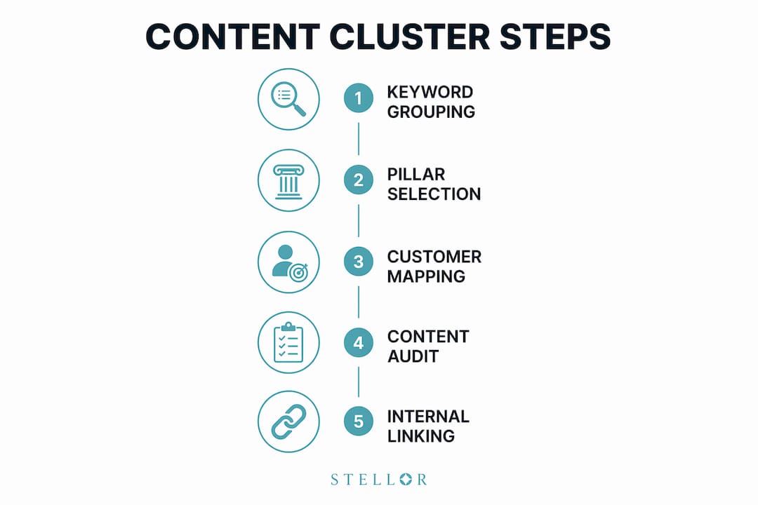 Infographic showing five key steps of content cluster SEO