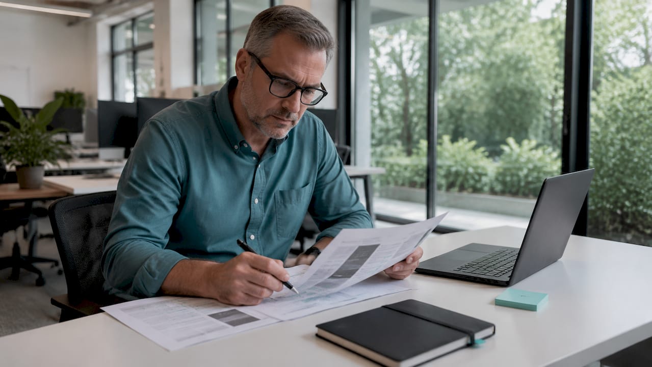 Accountant reviewing printed web content pages at desk