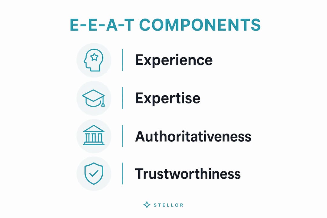 Infographic showing EEAT components and their flow