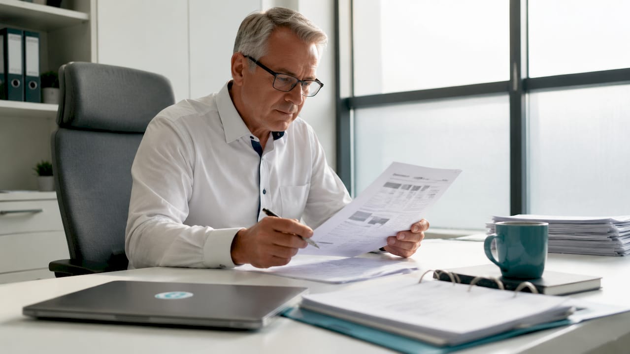 Accountant studying SEO schema markup documents at desk