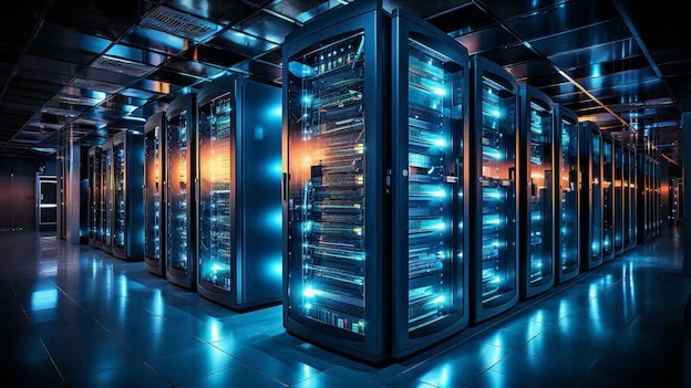 Rows of illuminated server racks in a hyperscale data centre