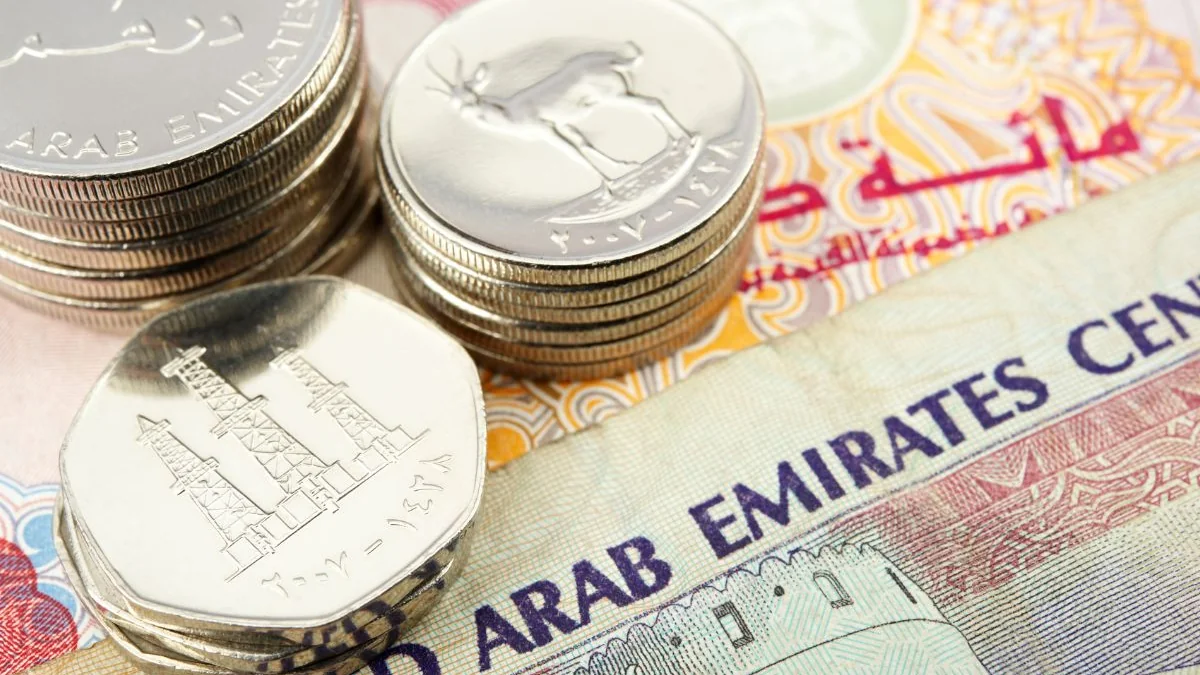UAE Dirham coins and currency notes representing GCC capital and landowner mandates