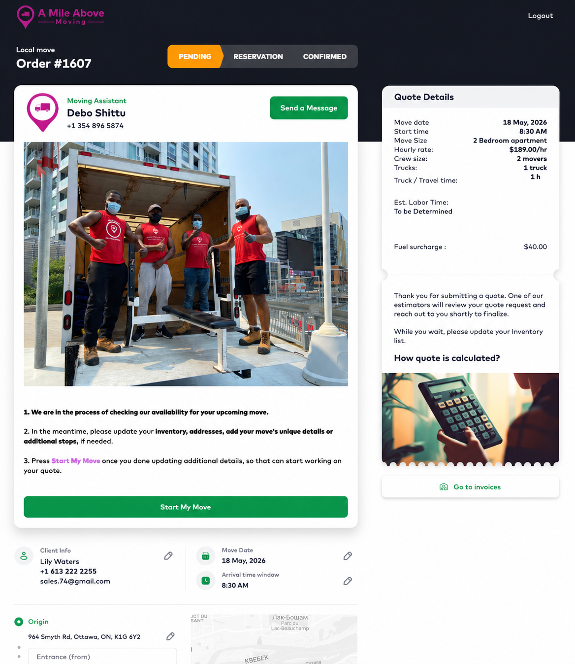 orange square movers customer's account page