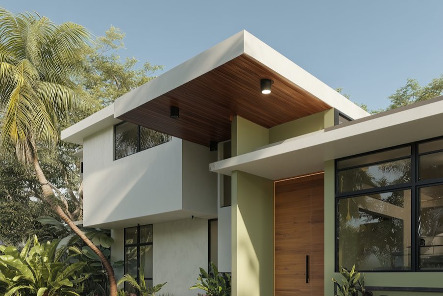 A finished modern building aligned with its project