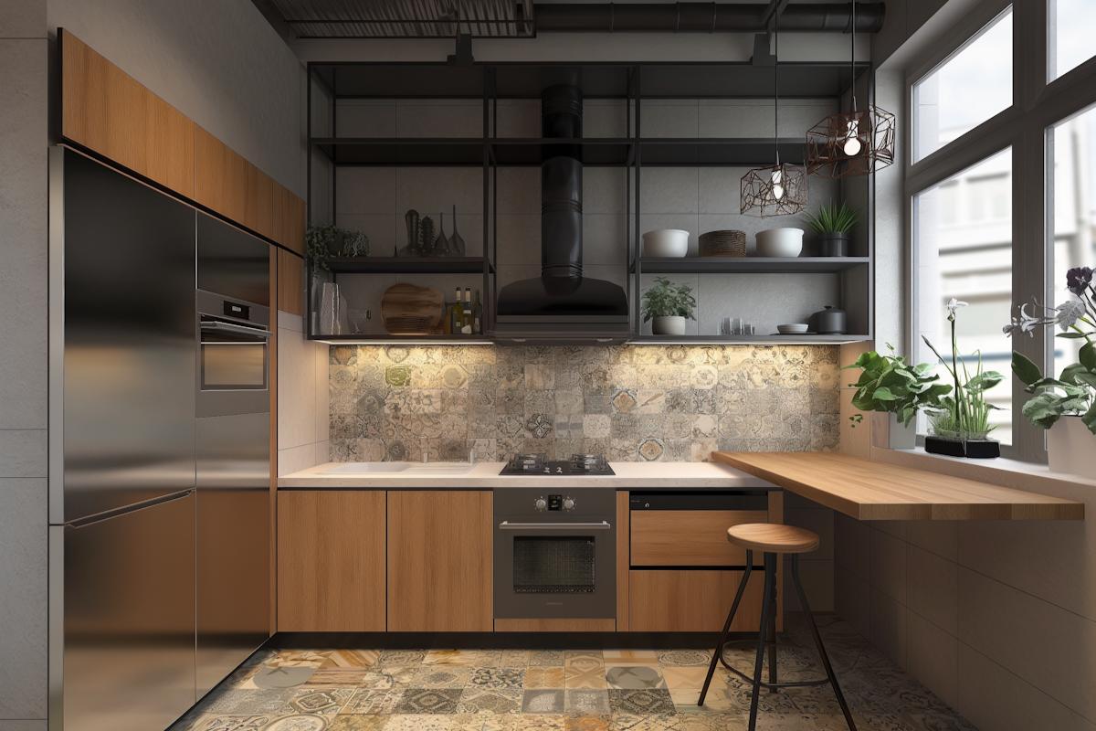 A cozy and sunny condition of the woody kitchen set