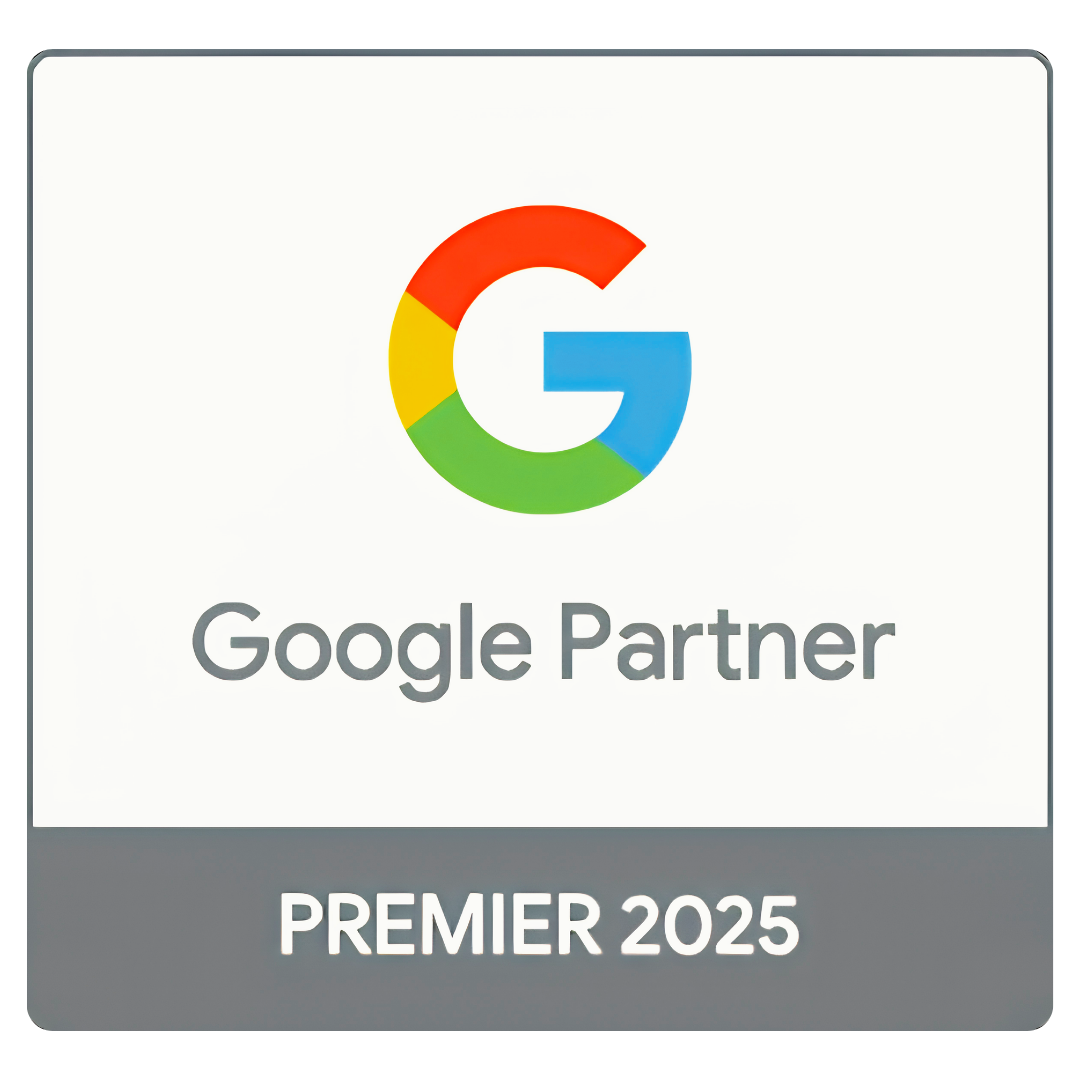 Google Partner Premier 2025 badge with the multicolored Google G logo on a white background.