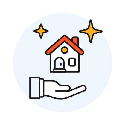 Hand holding a house icon with sparkles, symbolizing home protection or real estate.