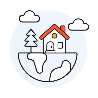 House with a red roof and tree on a stylized Earth with two clouds in a blue circle background.